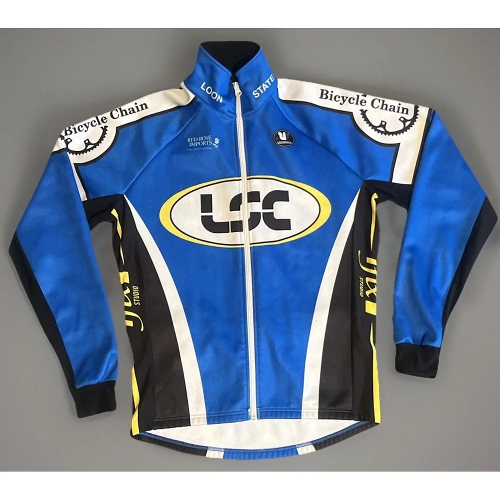 Vermarc Cycling Jacket Mens M Blue Yellow Full Zip Lined 3-Pocket Pro Style LOON